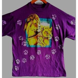 Vintage National Wildlife Lion Family T-shirt Size L Purple Single Stitch Nature